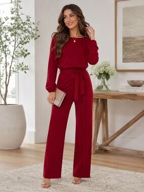 Nikki Lund Joy Burgandy Long Sleeve Tie Waist Jumpsuit Large NWOT